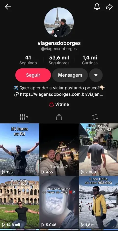 Perfil do TikTok @viagensdoborges com 53,6 mil seguidores