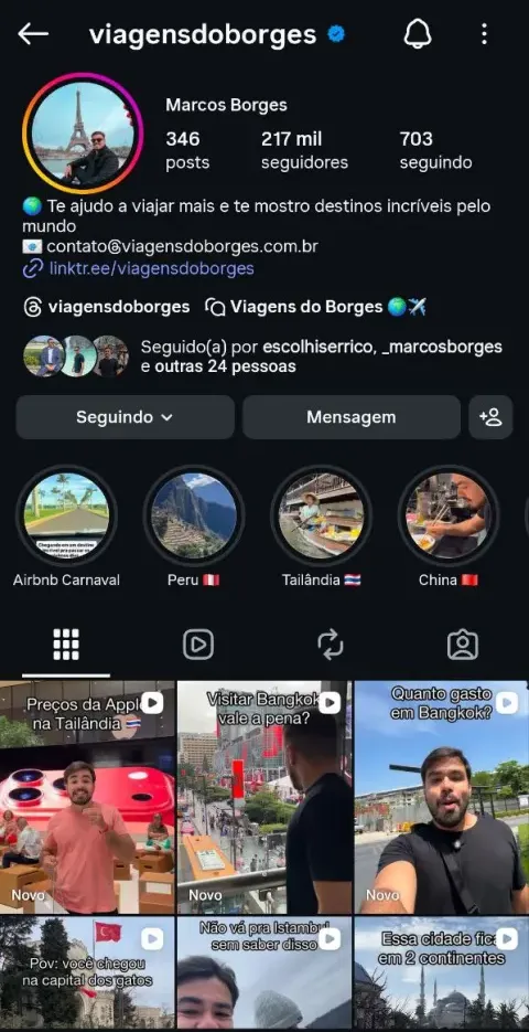Perfil do Instagram @viagensdoborges com 217 mil seguidores