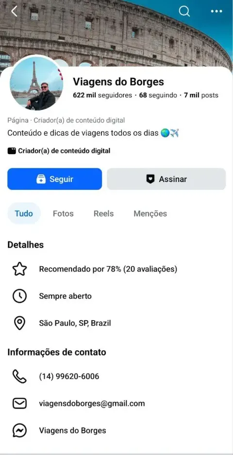Página do Facebook Viagens do Borges com 622 mil seguidores